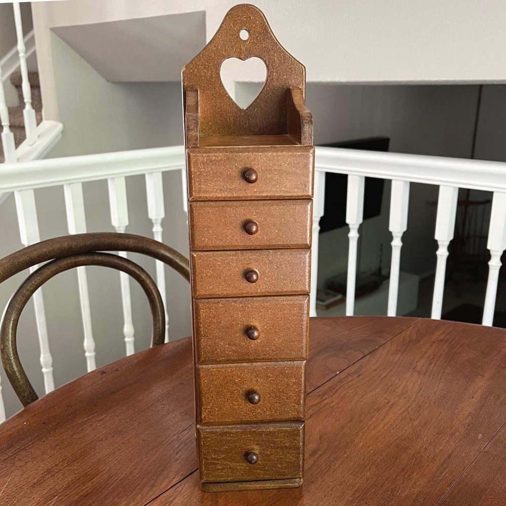 Vintage Wooden 6 Drawer Apothecary Spice Box Cabinet, Wall Heart Cutout Decor